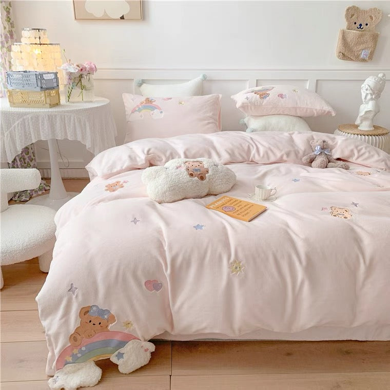 Premium baby soft fleece rainbow bear Cream yellow / baby blue/ baby pink bedding set duvet cover bed sheet pillow cases bedding