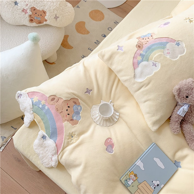 Premium baby soft fleece rainbow bear Cream yellow / baby blue/ baby pink bedding set duvet cover bed sheet pillow cases bedding