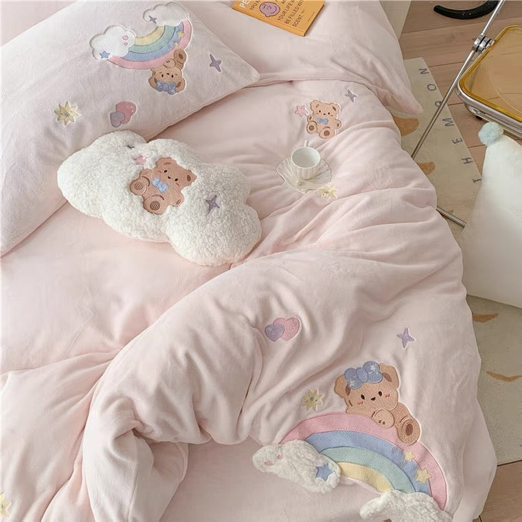 Premium baby soft fleece rainbow bear Cream yellow / baby blue/ baby pink bedding set duvet cover bed sheet pillow cases bedding