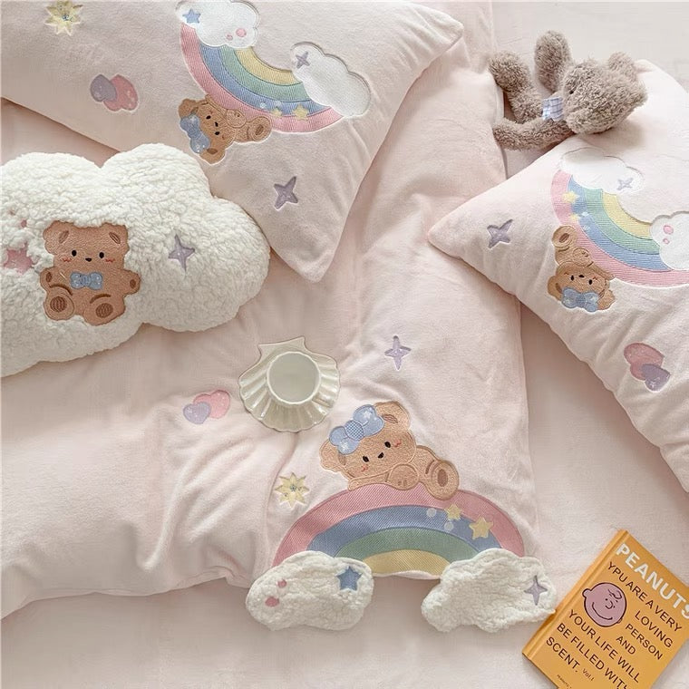 Premium baby soft fleece rainbow bear Cream yellow / baby blue/ baby pink bedding set duvet cover bed sheet pillow cases bedding