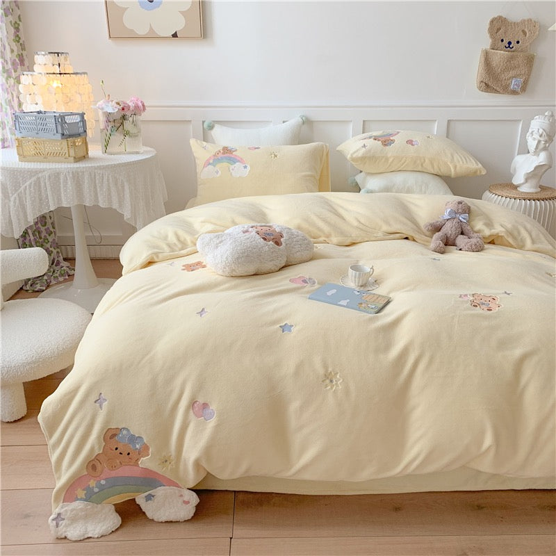 Premium baby soft fleece rainbow bear Cream yellow / baby blue/ baby pink bedding set duvet cover bed sheet pillow cases bedding