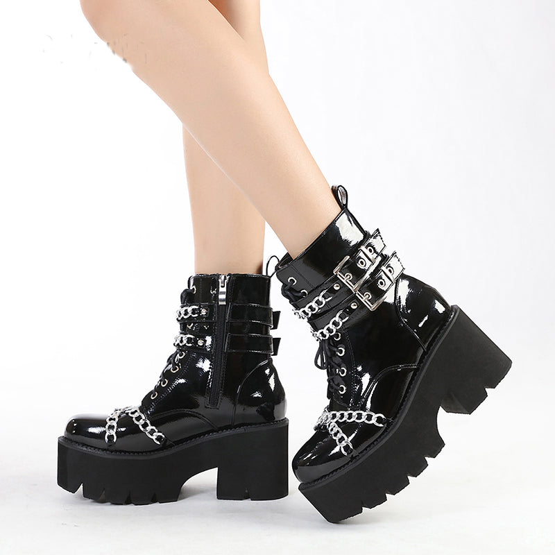 Punk Biker Shoes Boots Black Dark Cool Thick Platform Motorcycle Boots for Women