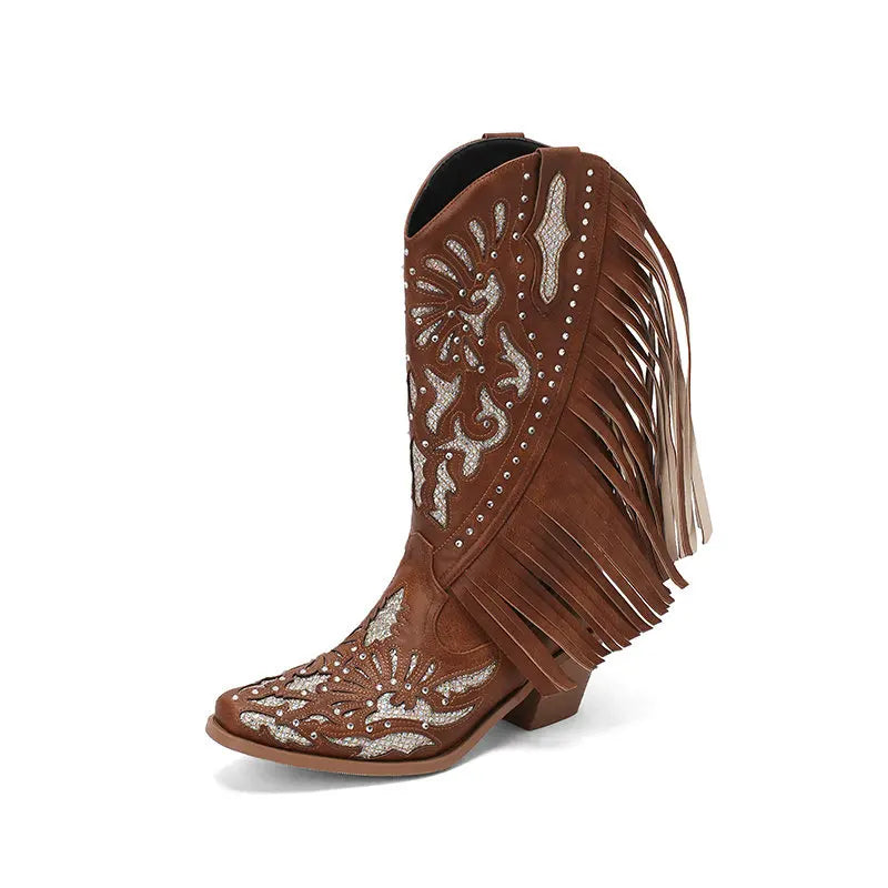 Rhinestone Cowboy Boots White Tassels Brand Woman Cowgirls Western Shoes Slip-On Square Heels women Female Fringe Cowboy Botines