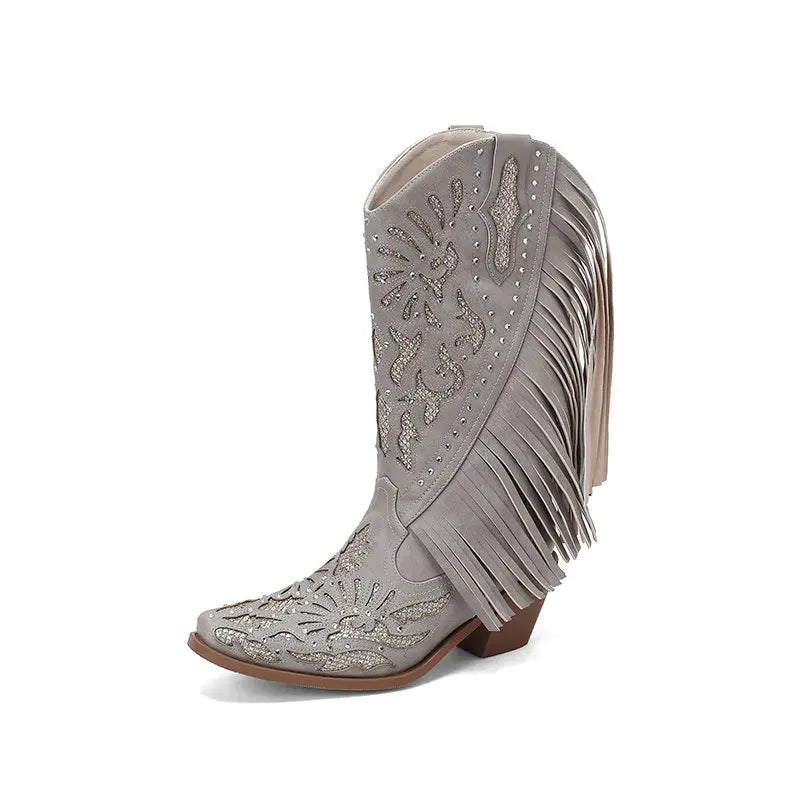 Rhinestone Cowboy Boots White Tassels Brand Woman Cowgirls Western Shoes Slip-On Square Heels women Female Fringe Cowboy Botines