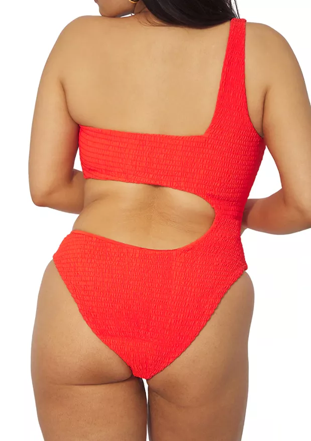 Spicy orange one shoulder cutout one piece