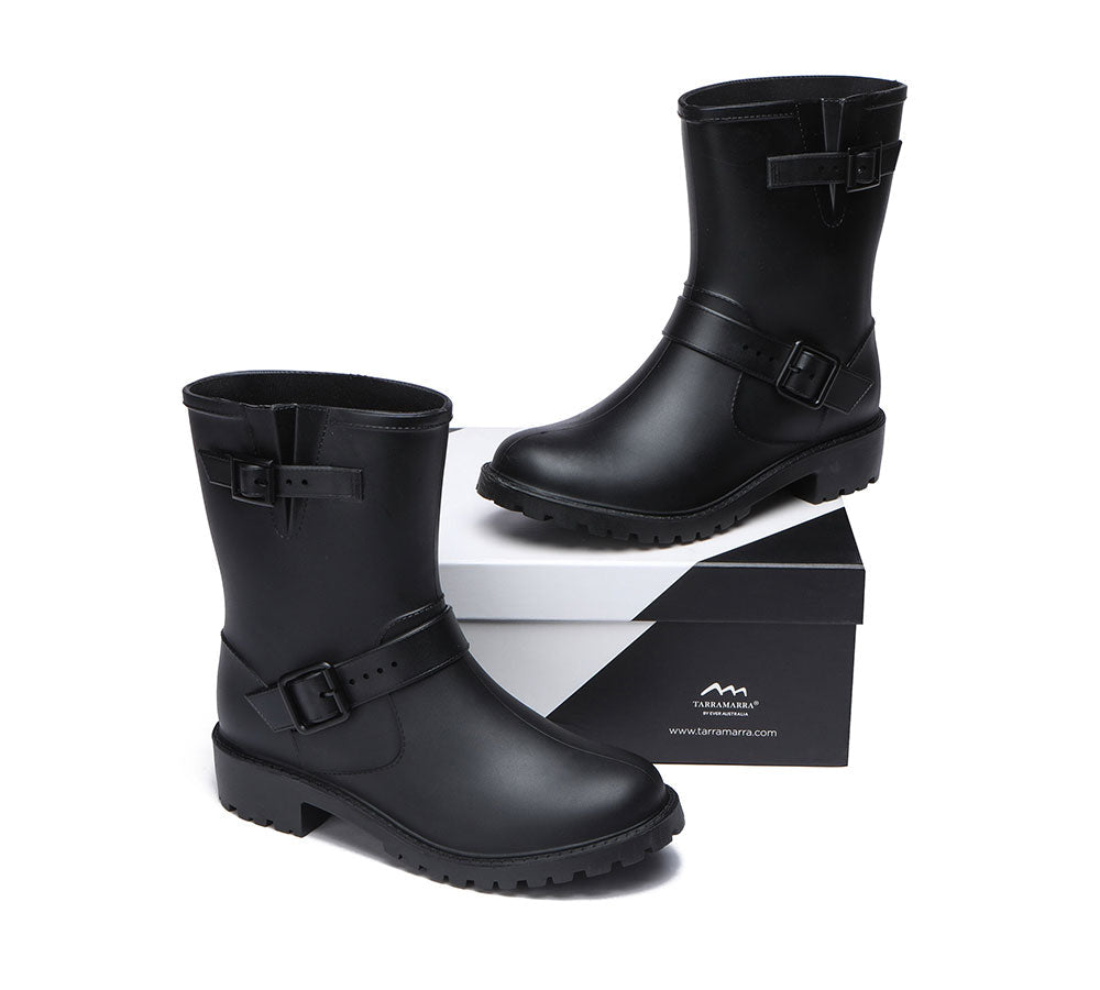 TARRAMARRA Black Rainboots, Gumboots Women Mid Calf With Wool Insole