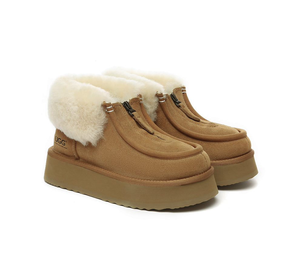 UGG AUSTRALIAN SHEPHERD Sheepskin Wool Collar Zipper Platform Mini Ankle Boots