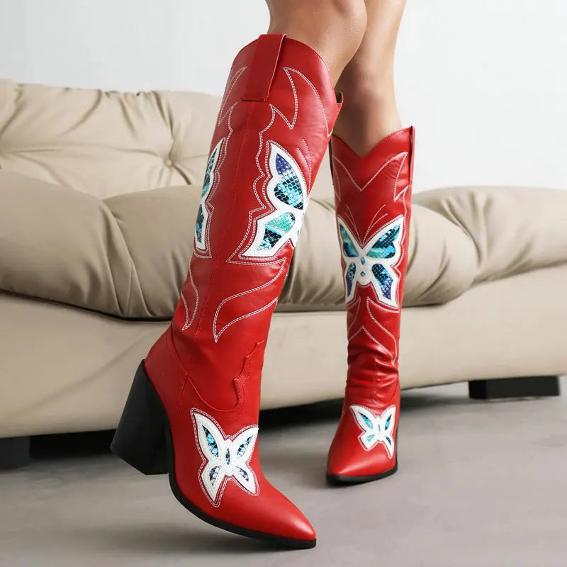 Western Boots Knee High Shoes Red Pointed Toe Fashion Embroider Butterfly Chunky High Heels Cowboy Boots Women