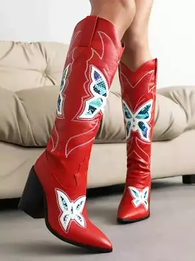 Western Boots Knee High Shoes Red Pointed Toe Fashion Embroider Butterfly Chunky High Heels Cowboy Boots Women