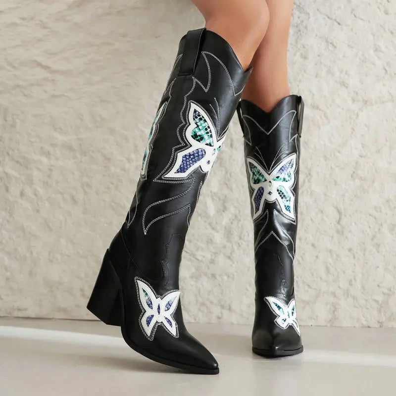 Western Boots Knee High Shoes Red Pointed Toe Fashion Embroider Butterfly Chunky High Heels Cowboy Boots Women