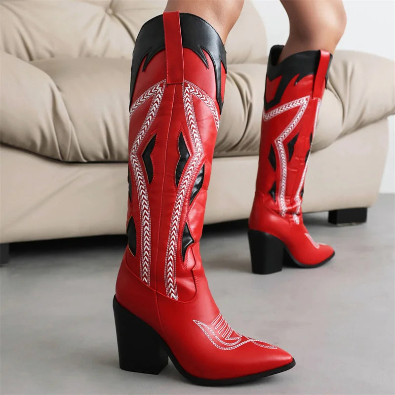 Western Boots Knee High Shoes Red Pointed Toe Fashion Embroider Butterfly Chunky High Heels Cowboy Boots Women