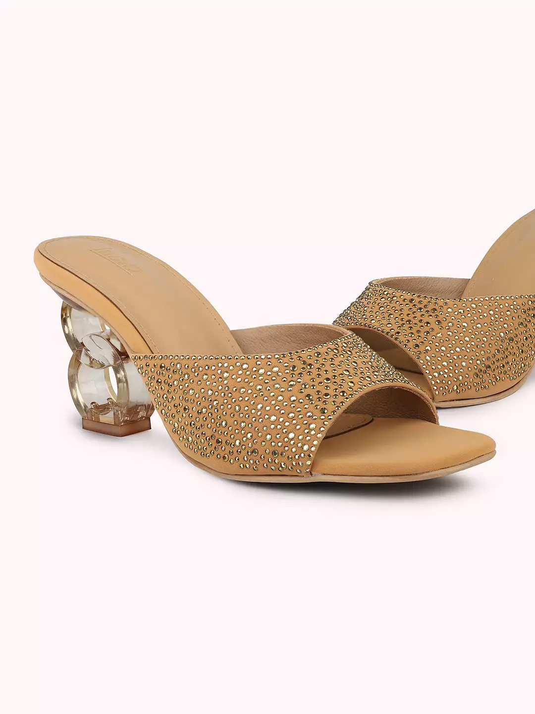 Women Beige & Gold-Toned Embellished Open Toe Transparent Block Heels