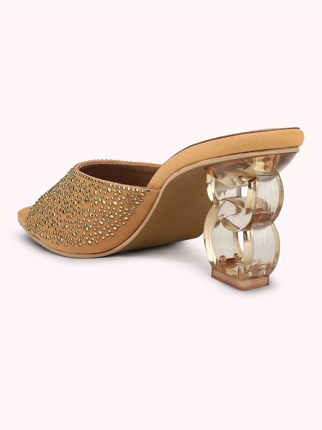 Women Beige & Gold-Toned Embellished Open Toe Transparent Block Heels