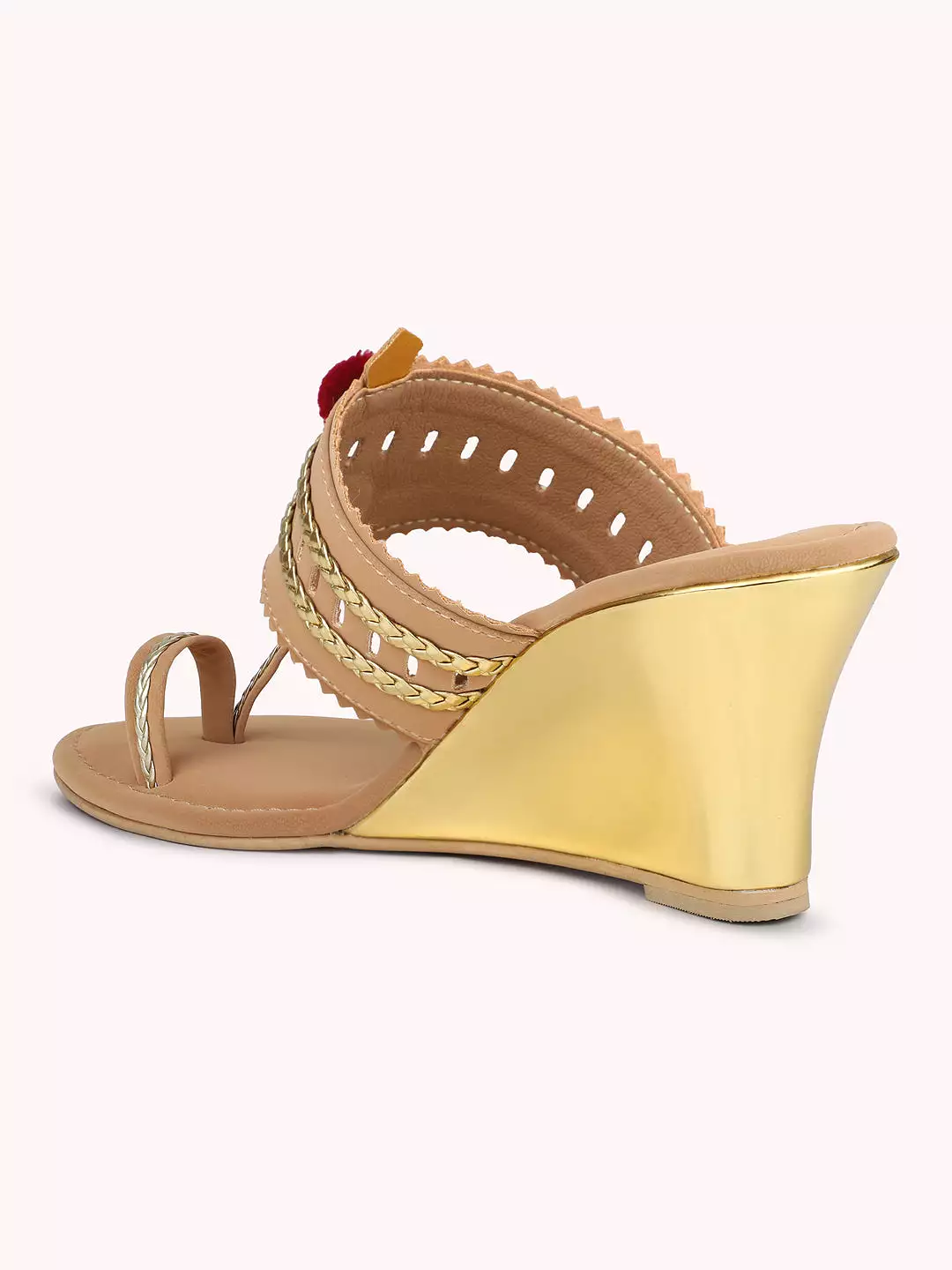 Women Beige & Gold-Toned Textured One Toe Kolhapuri Wedge Heels