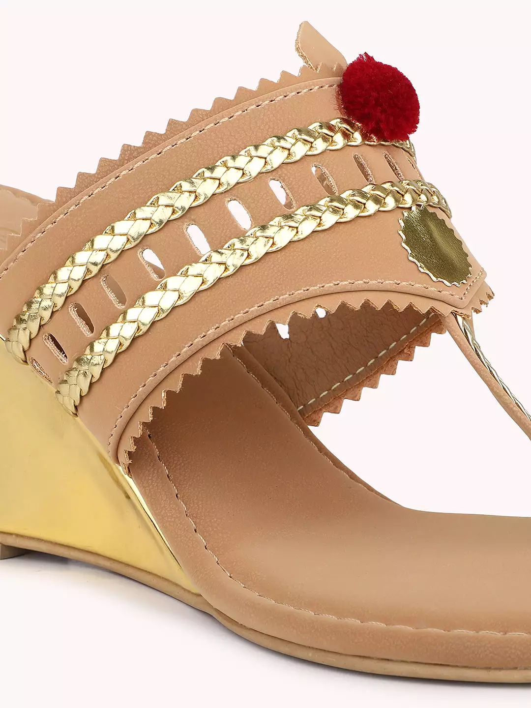 Women Beige & Gold-Toned Textured One Toe Kolhapuri Wedge Heels