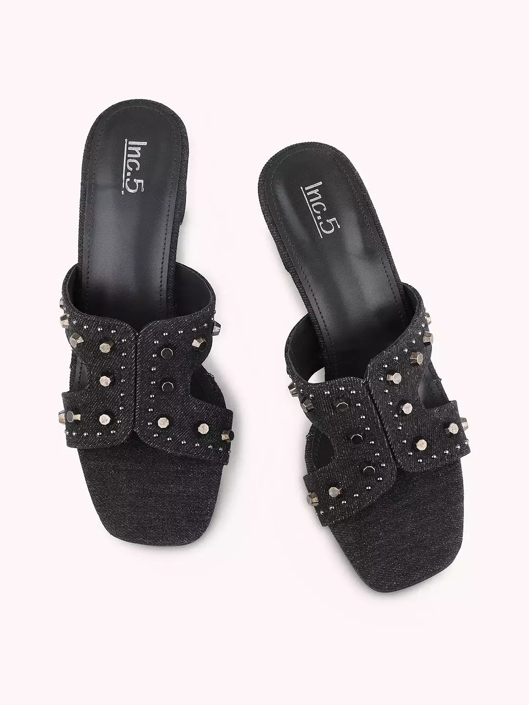 Women Black Denim Round Metal Studded Open Toe Block Heels