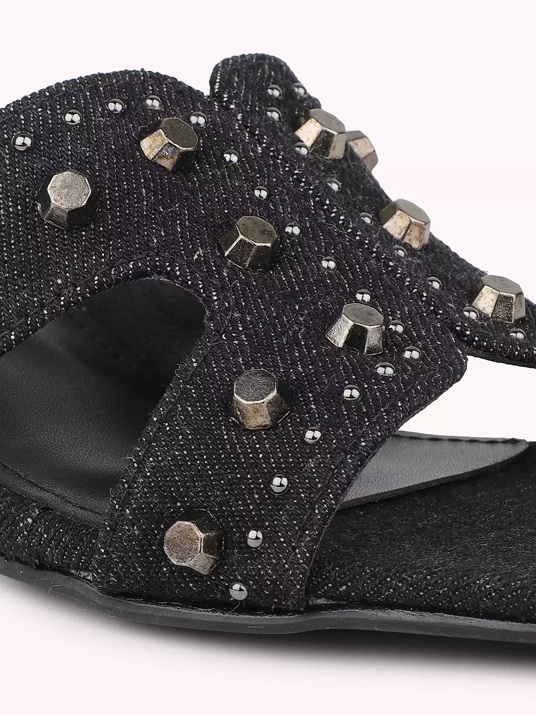 Women Black Denim Round Metal Studded Open Toe Block Heels