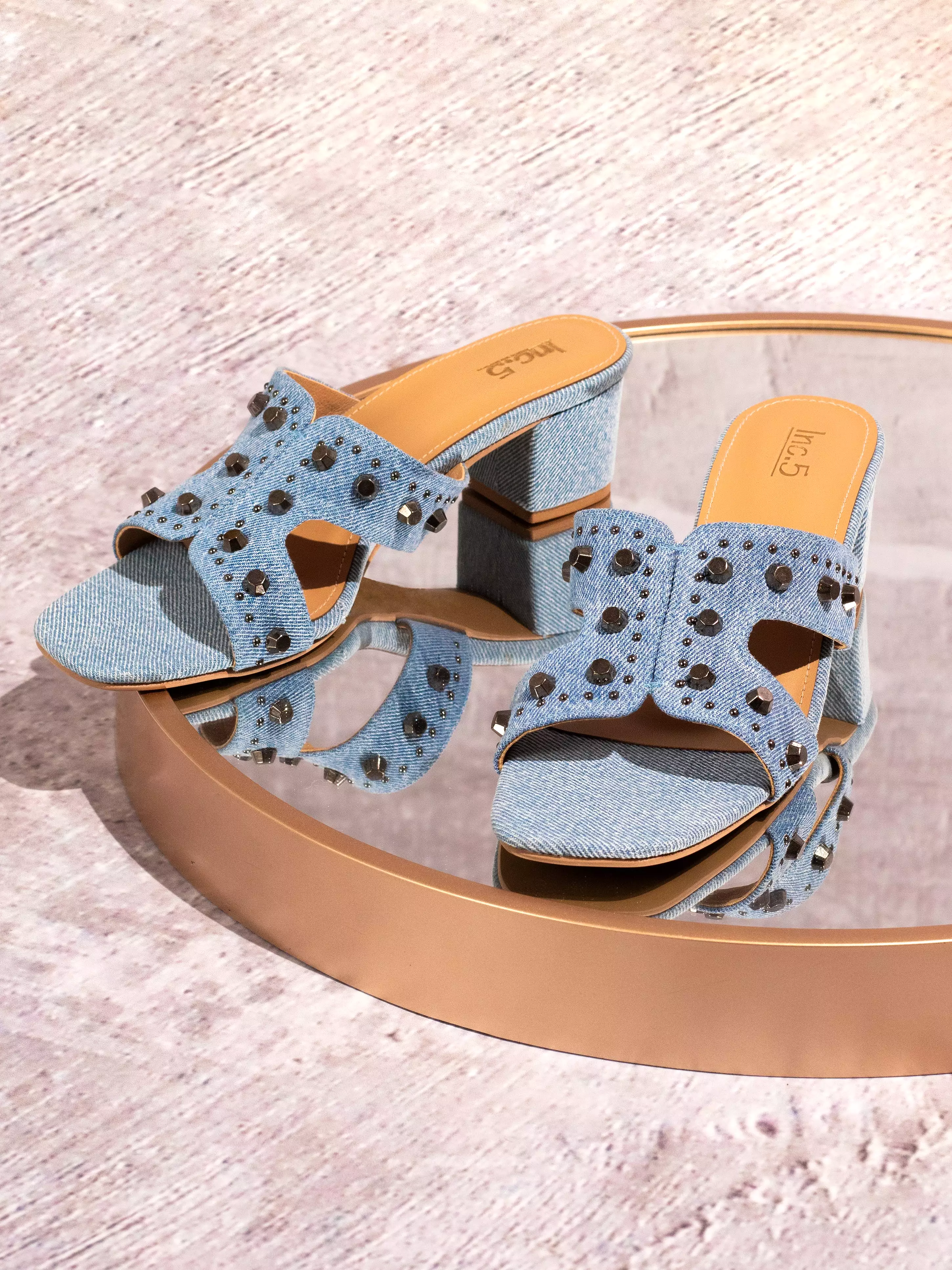 Women Blue Denim Round Metal Studded Open Toe Block Heels