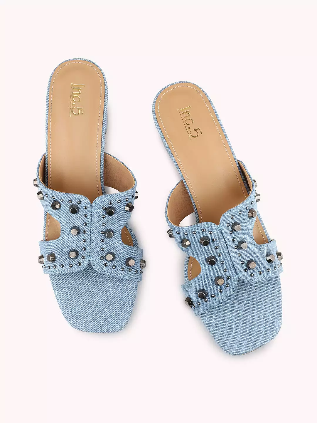 Women Blue Denim Round Metal Studded Open Toe Block Heels