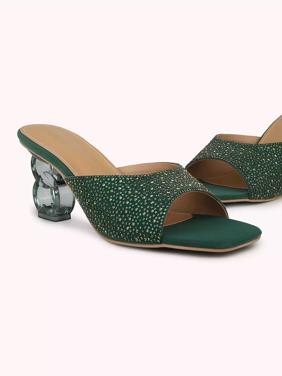 Women Green & Gold-Toned Embellished Open Toe Transparent Block Heels