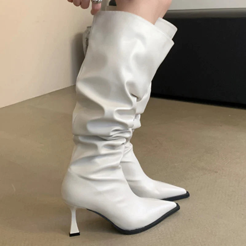 Women Long Runched Boots Ladies Pumps Shoes Fashion Design Pleated Slip-On Shoes 2023