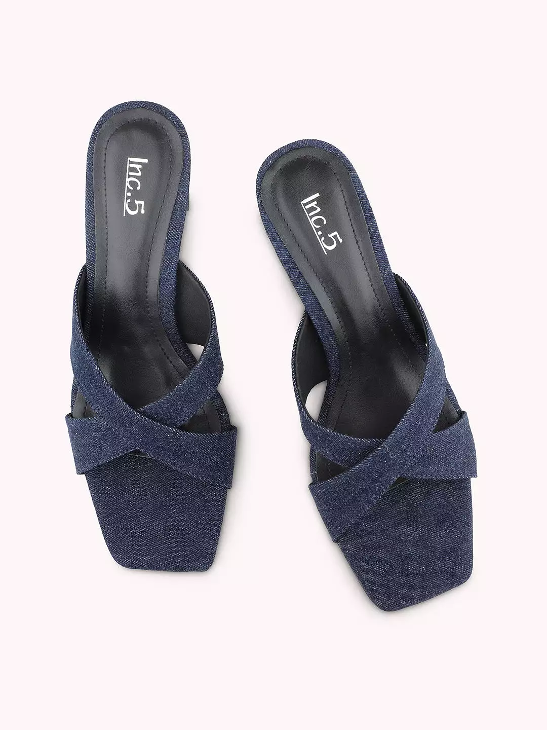 Women Navy Denim Criss-Cross Strap Block Heels