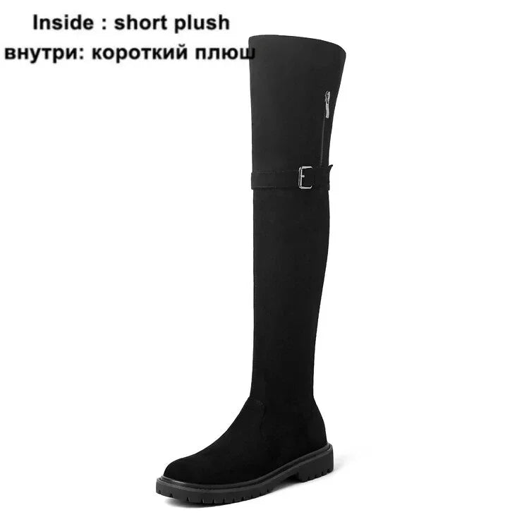 Women OverKnees Snow Boots Belt Buckle Warm Plush Foldable Boots