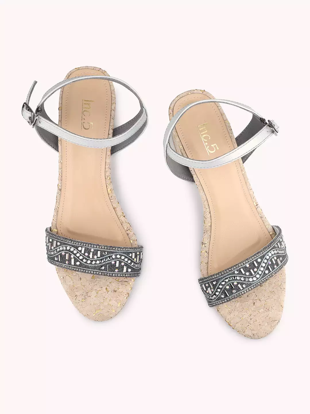 Women Pewter Embellished Cork Block Heels With Backstrap