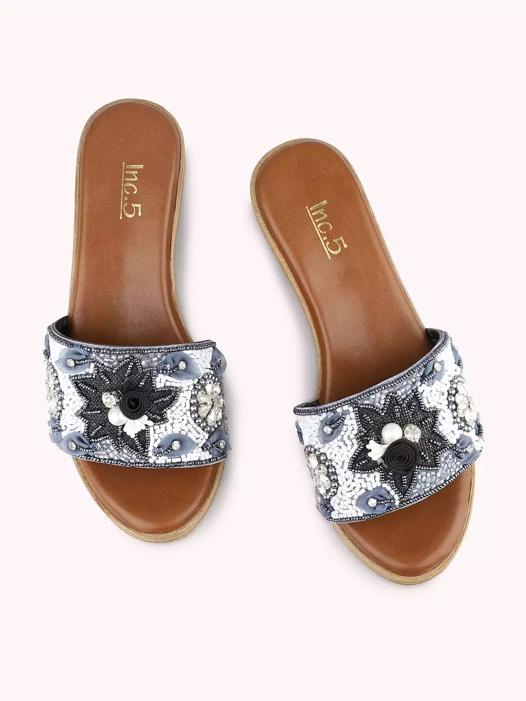 Women Pewter Embroidered Open Toe Wedge Heels