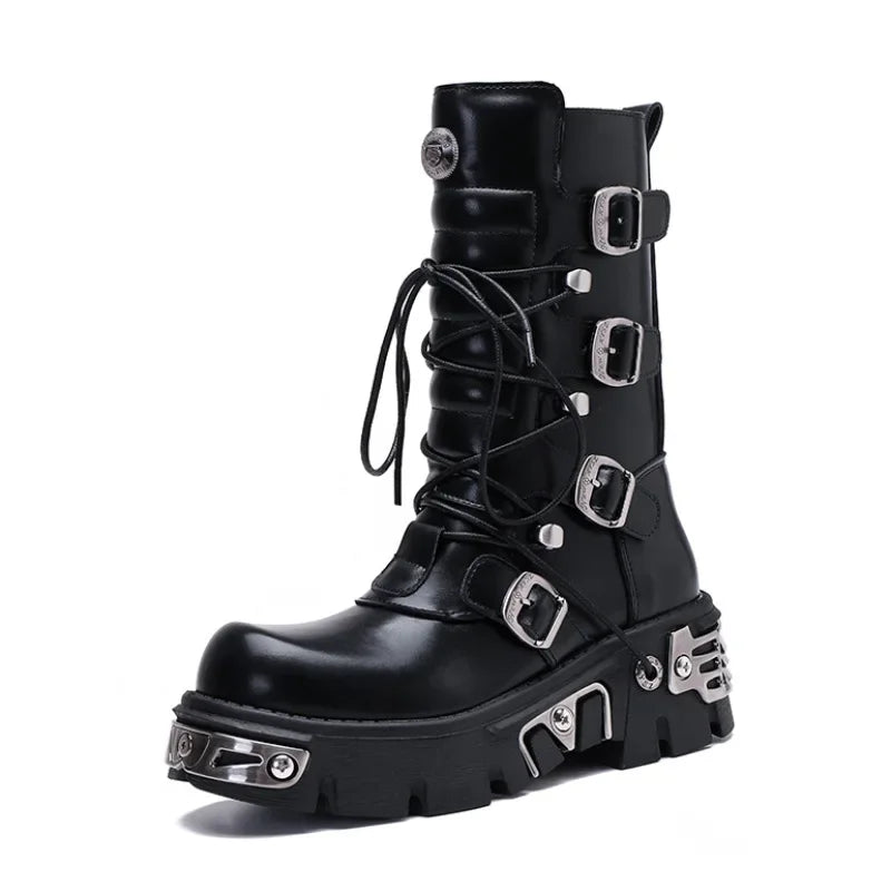 Women Punk Biker Boots Winter Black Leather Bellow Knee Boots