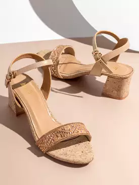 Women Rose Gold Embellished Cork Block Heels With Backstrap