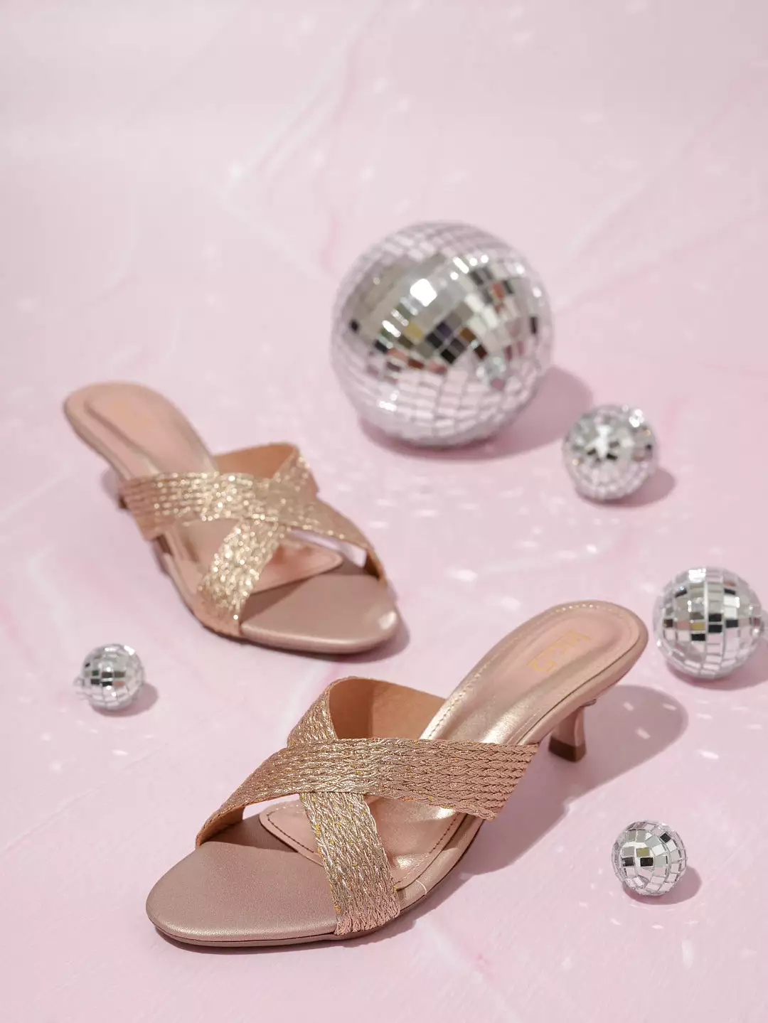 Women Rose Gold Embellished Criss-Cross Kitten Heels