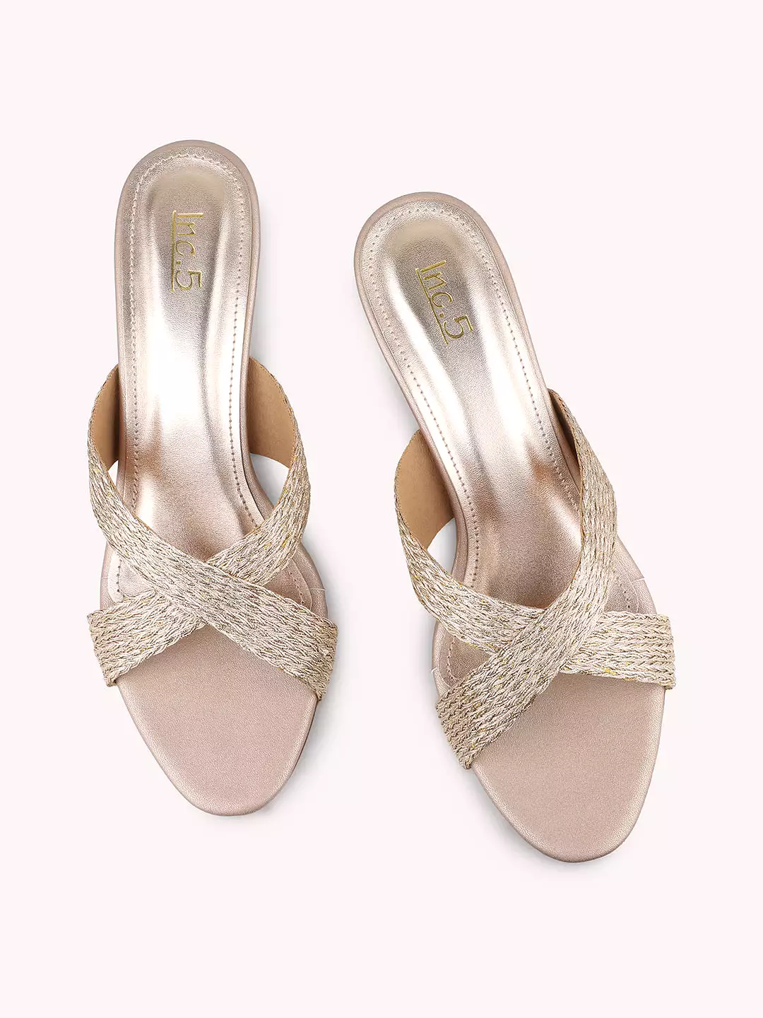 Women Rose Gold Embellished Criss-Cross Kitten Heels