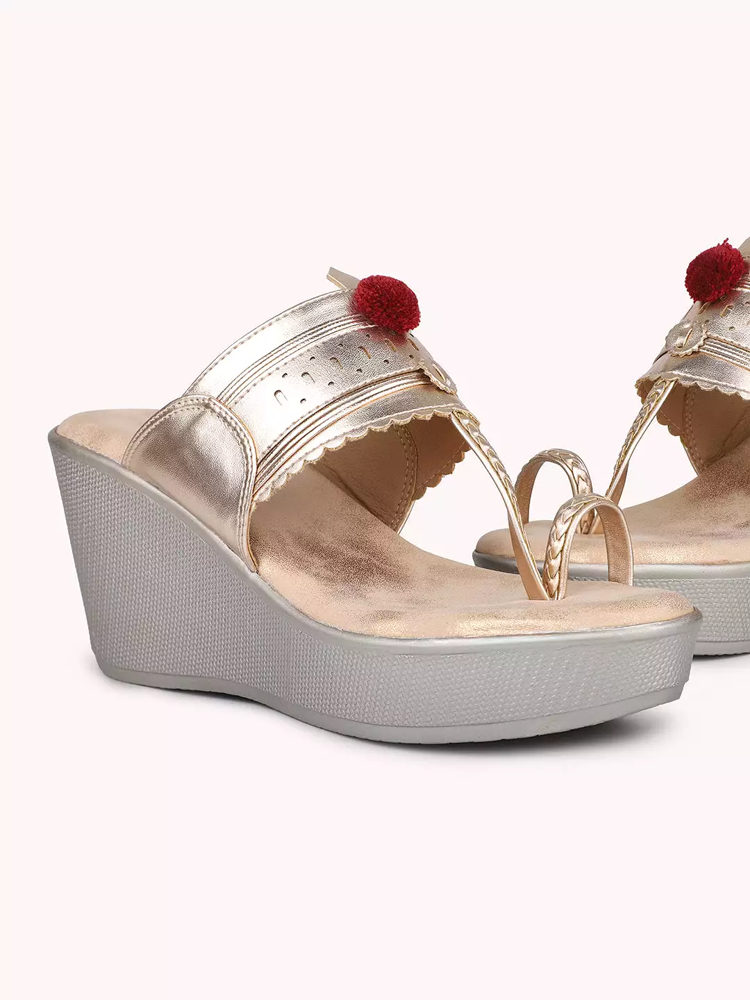 Women Rose Gold Textured Embellished One Toe Kolhapuri Wedge Heels