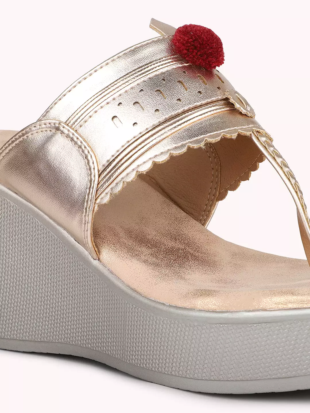 Women Rose Gold Textured Embellished One Toe Kolhapuri Wedge Heels