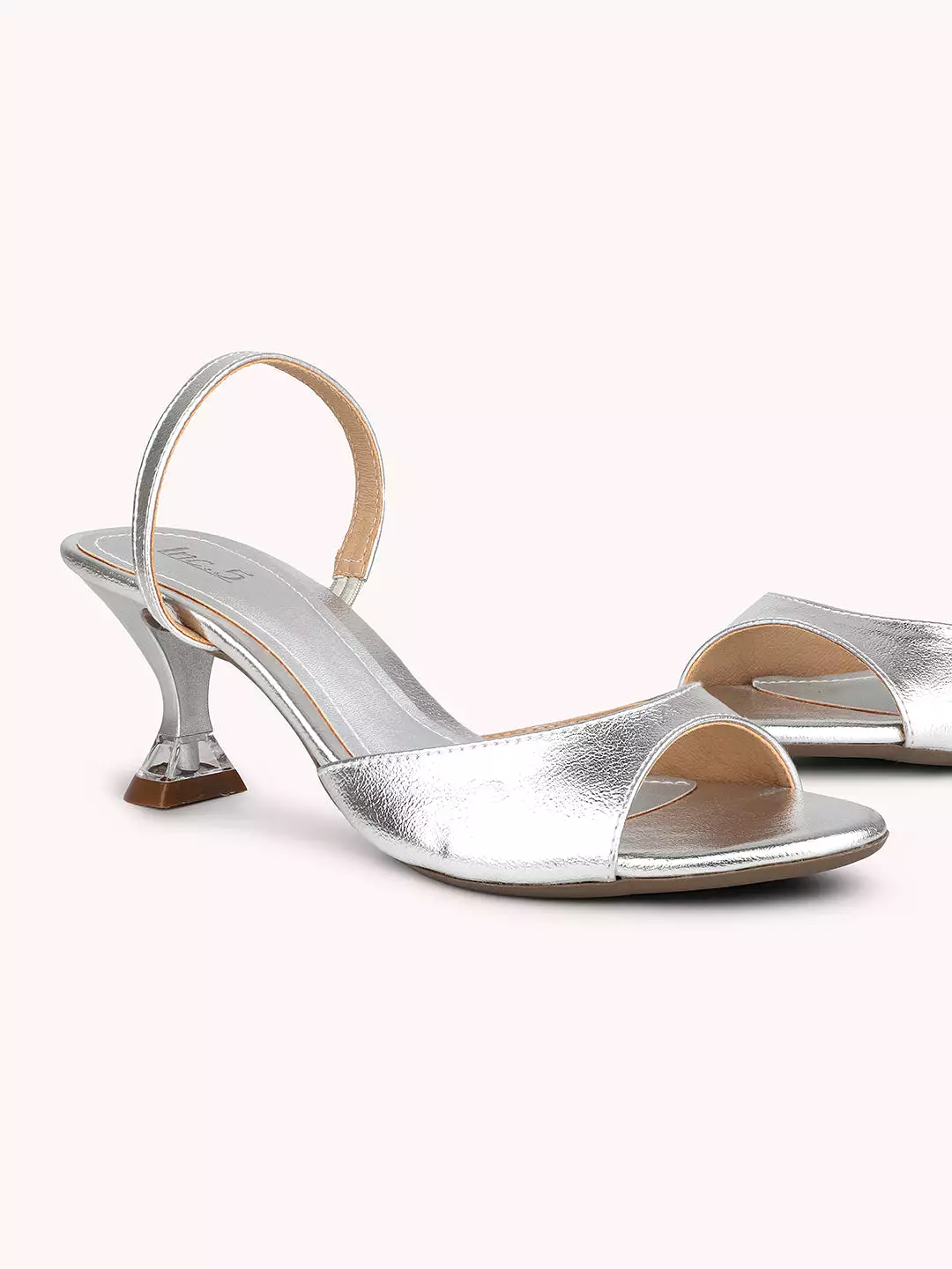 Women Silver Open Toe Party Kitten Heels With Backstrap