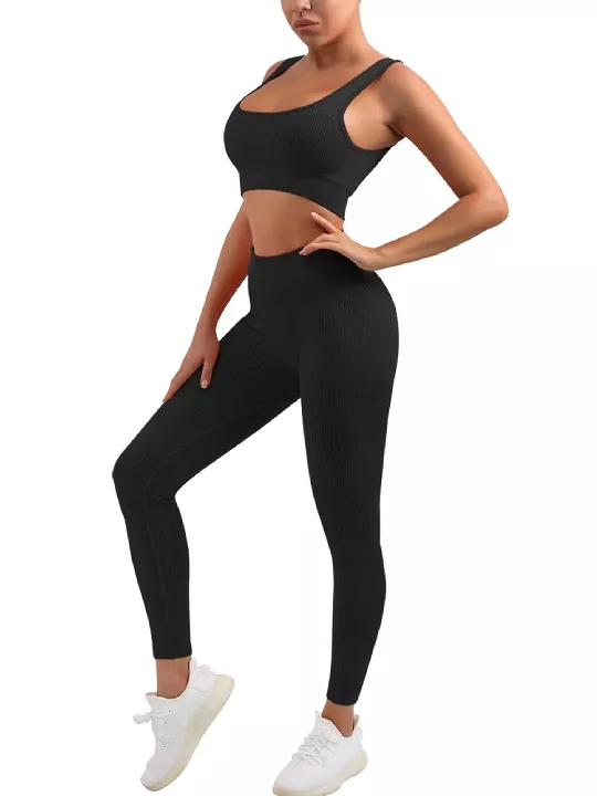 Women's Sexy 2 Piece Workout Suit-Seamless Ribbed Leggings and Square Cut Sports Bra Yoga Sportswear Set