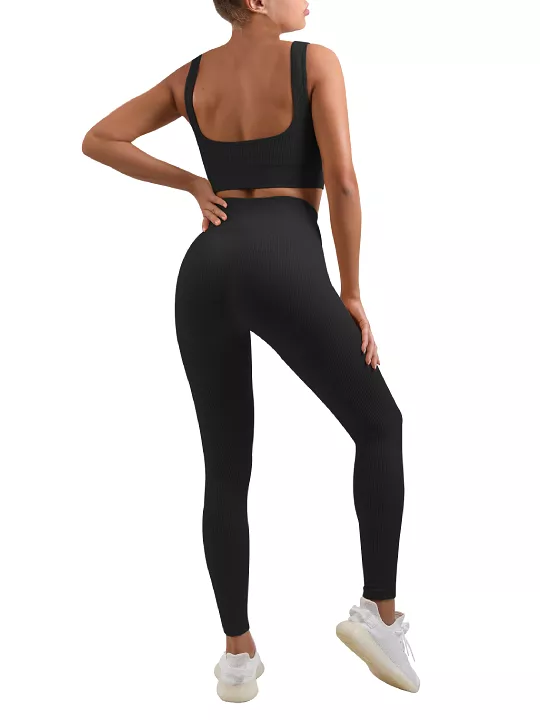 Women's Sexy 2 Piece Workout Suit-Seamless Ribbed Leggings and Square Cut Sports Bra Yoga Sportswear Set