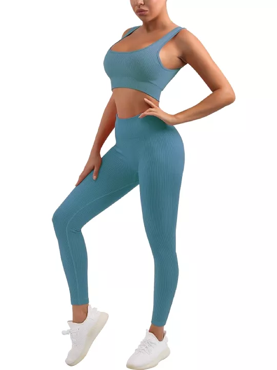 Women's Sexy 2 Piece Workout Suit-Seamless Ribbed Leggings and Square Cut Sports Bra Yoga Sportswear Set