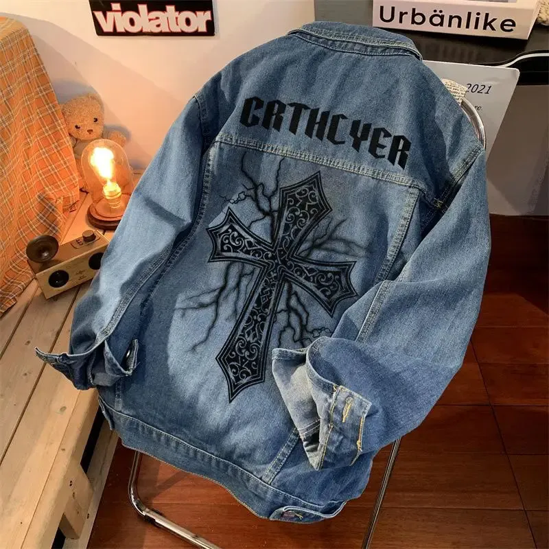 Xituodai New in Cross Print denim jacket men New High Street Coats korean fashion y2k Tops streetwear goth couples jackets for m